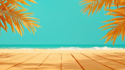 Beautiful beach view with palm leaves and wooden deck, inviting tropical paradise for relaxation and vacation moments.