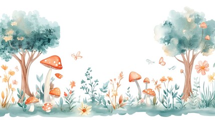 Obraz premium Whimsical Watercolor Woodland Scene with Mushrooms and Autumn Foliage