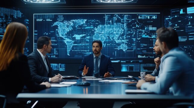 A diverse group of professionals pitching a new product concept in a high-tech boardroom