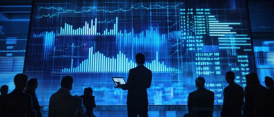 A presenter standing by a digital screen explaining market trends to a focused audience