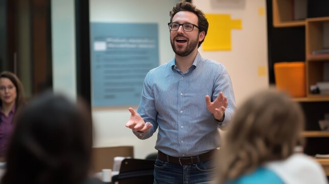 An enthusiastic entrepreneur pitching a startup idea to investors in a well-lit meeting room