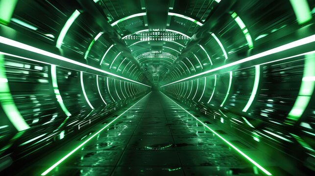 A futuristic tunnel with green neon lights. The tunnel is dark and mysterious, with a sense of depth and perspective. The lights create a sense of energy and movement.