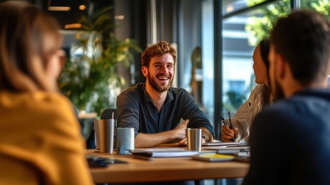 An enthusiastic entrepreneur pitching a startup idea to investors in a well-lit meeting room