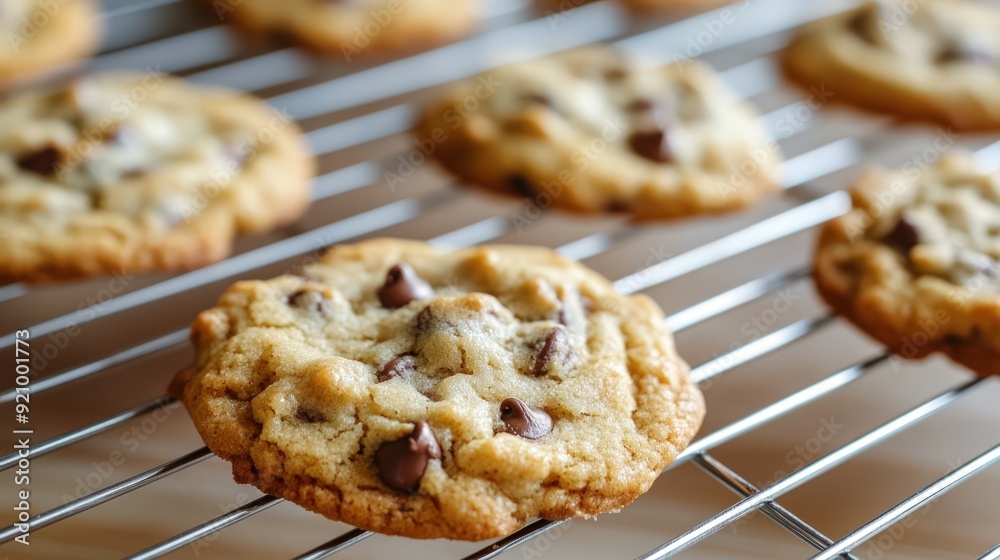 Poster Freshly Baked Chocolate Chip Cookies on a Cooling Rack