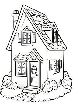 recommend clip art: Black and white illustration of a cartoon house with a chimney, windows, door and bushes.