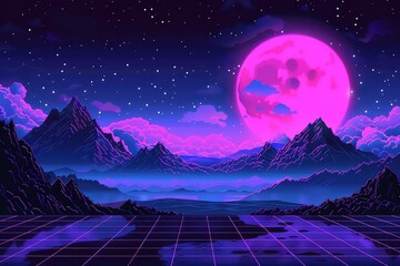 Fototapeta premium A retro-futuristic landscape with a large pink moon, mountains, and a gridded floor. The sky is filled with stars.