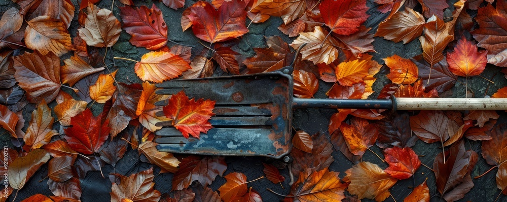 Wall mural autumn leaves on a garden rake