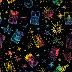 Glittering Constellations Tarot Card Pattern in Vibrant Neon Hues Night Sky