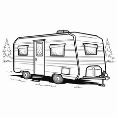 Black and white line drawing of a camper trailer parked in a grassy field with two pine trees behind it.