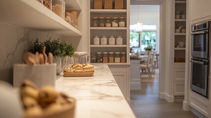 Modern Elegance: Well-Organized Pantry with Marble Countertop in Luxurious Home