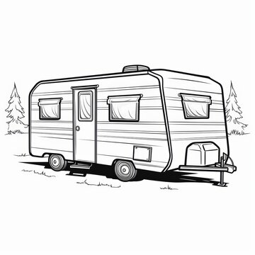recommend clip art: Black and white line drawing of a camper trailer parked in a grassy field with two pine trees behind it.