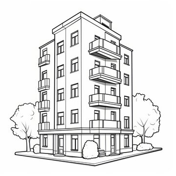 recommend clip art: Black and white line drawing of a multi-story apartment building with balconies and trees.