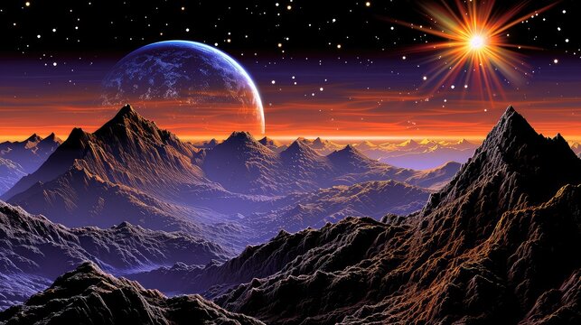 A vibrant sunrise illuminates a majestic mountain range on an alien planet with a blue moon in the sky.