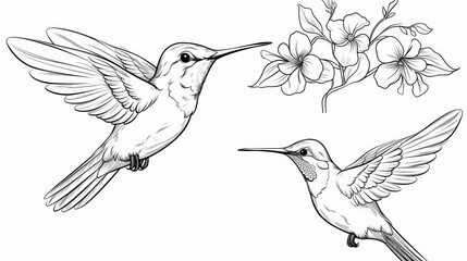 Fototapeta premium Two hummingbirds in flight with a flower branch in black and white line art.