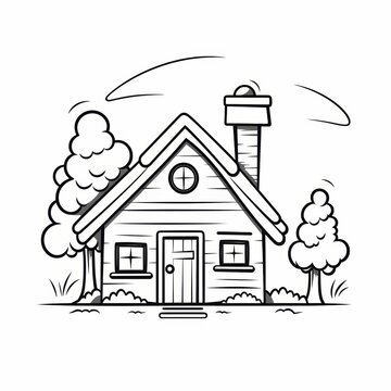 recommend clip art: Simple black and white cartoon house with chimney, door, windows, and two trees.