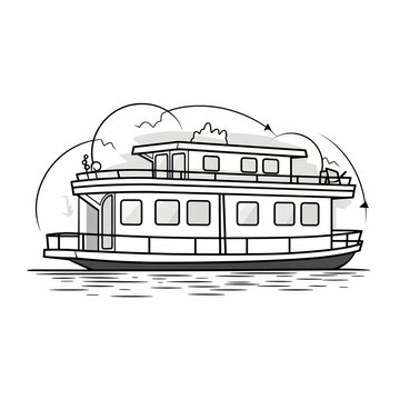 recommend clip art: Simple line art illustration of a houseboat on the water.