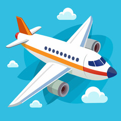 White jet passenger airplane airliner in blue sky cartoon vector illustration