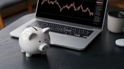 A white piggy bank and laptop sit on a wooden table next to a plant, showcasing a stock market graph against a black background