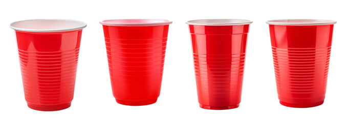 Fototapeta premium Bright red plastic cups lined up, ideal for parties, picnics, or casual gatherings. Perfect for festive occasions and summer fun.
