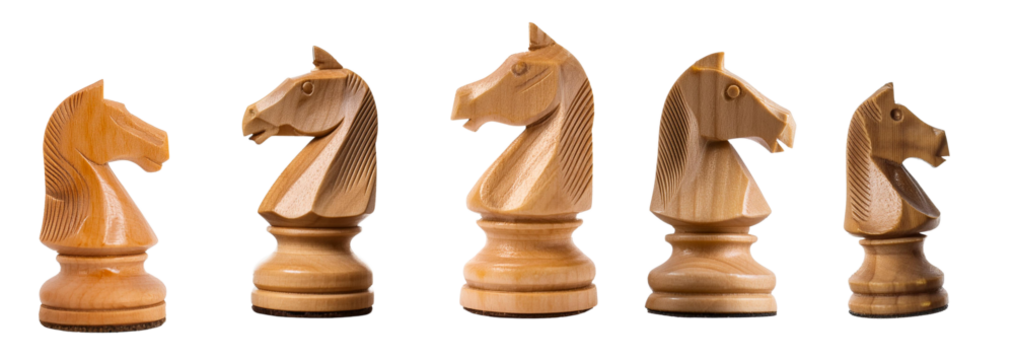 Set of wooden chess knight pieces in varying sizes, showcasing intricate craftsmanship and design.