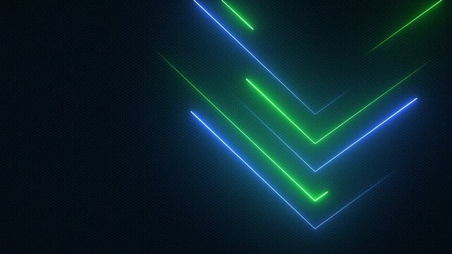 Trendy gaming technology background with glowing green and blue neon light beams. Stylish futuristic tech animation with copy space. Full HD and looping motion background.