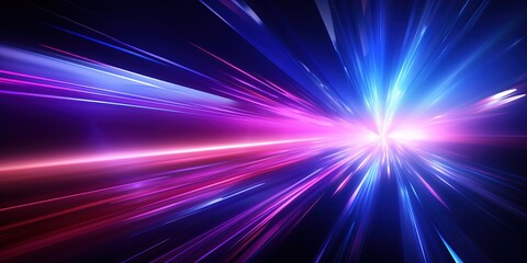 Abstract blue and purple light streaks converging towards a bright white center.