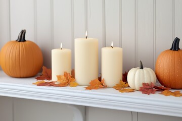 Cozy autumn decor with lit candles, pumpkins, and colorful fall leaves on a white mantel against a neutral background, creating a warm seasonal ambiance.