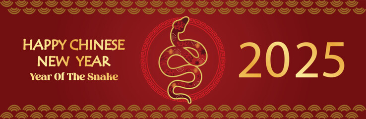 Obraz premium Chinese New Year 2025, the year of the snake, red and gold line art characters, simple hand-drawn Asian elements with craft (Chinese translation: Happy Chinese New Year 2025, year of the snake)