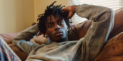 A man relaxes on a leather couch, looking towards the camera. He has dreadlocks and is wearing a grey sweater.. african man