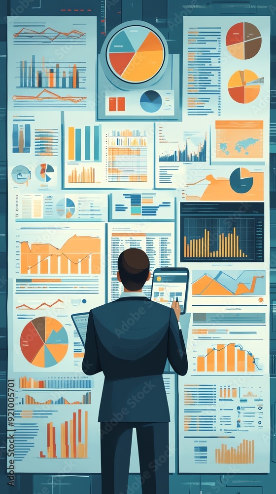 Aufkleber businessman analyzing financial data on charts and graphs.