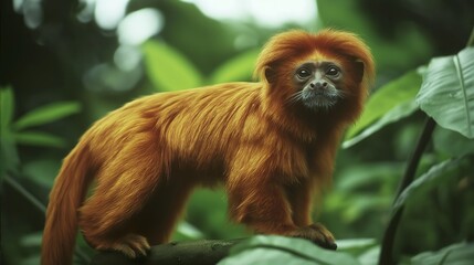 A vibrant golden lion tamarin stands gracefully amidst lush green foliage.