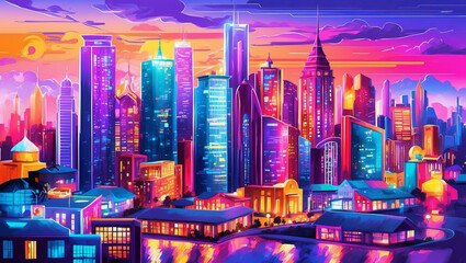 Obraz premium Dynamic city skyline illuminated by sunset hues, reflecting on water with busy streets and lively buildings