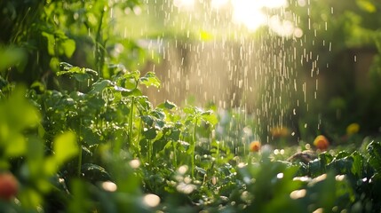 Fototapeta premium Serene Garden Nourished by Morning Dew,Peaceful Nature Renewal