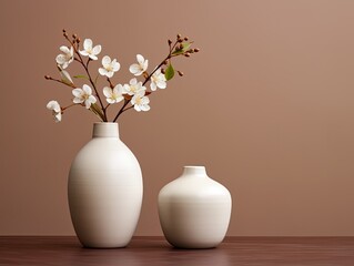 White vase with cherry blossom branches.
