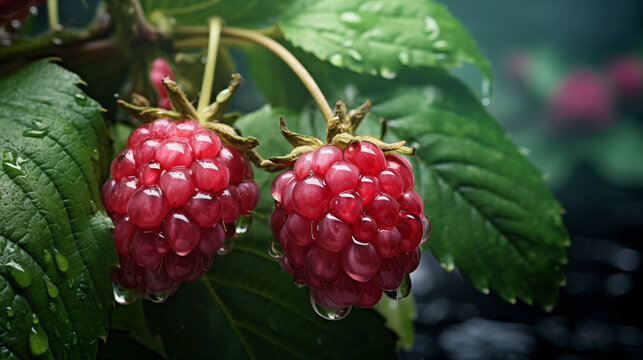 Fresh Ripe Raspberries on the Vine in Garden