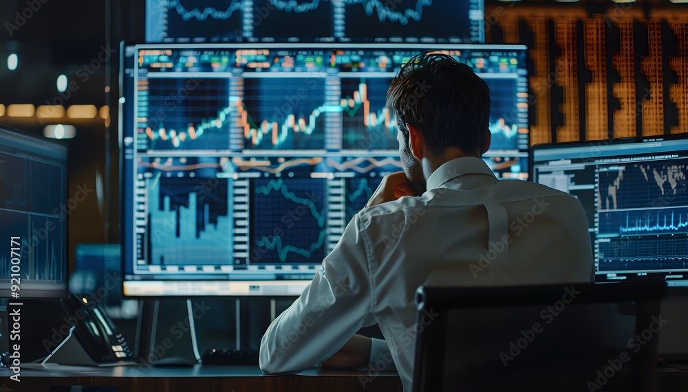 Poster man analyzing stock market data on multiple monitors