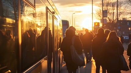 People Boarding a Bus During Morning Commute Under Warm Sunlight