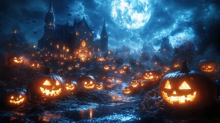 Obraz premium Enchanting Halloween Glow: Jack O' Lanterns Illuminating a Fantasy Night Scene for Spooky Designs