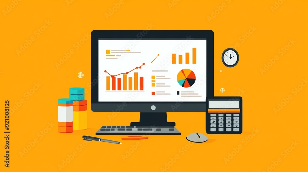 Poster Modern Workplace with Financial Data Charts on Desktop Computer.