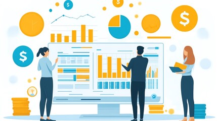 Business People Analyzing Data On Large Screen.
