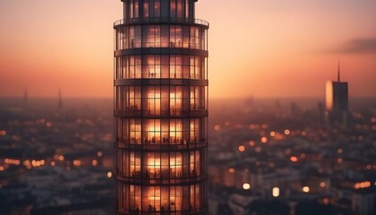 A stunning view of a city skyline at sunset with a tower dominating the urban landscape. 