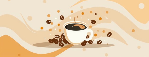 Obraz premium World Coffee Day text with coffee beans and cup icon, banner for world drinking day celebration poster or greeting card design. trees, branches and leaves
