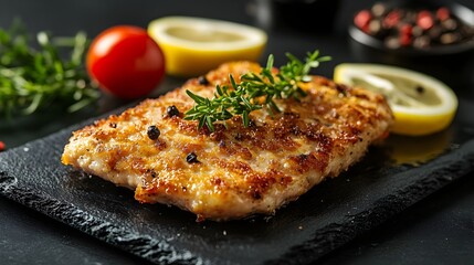 Delectable Veal Milanese   Breaded Italian Cutlet Plated on Elegant Black Stone
