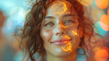 A woman with a smile on her face is shown in a blurry photo with other people in the background.