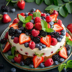 Berry cake on white and green straips background. 