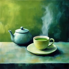 A Still Life Painting of a Teapot and a Cup of Green Tea