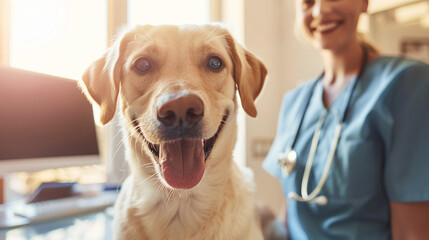 Happy dog on table near veterinarian in veterinary clinic