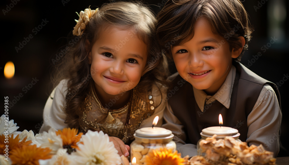 Sticker Two cute Caucasian girls smiling, holding a candle, celebrating Halloween generated by AI