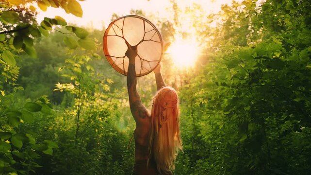 Shamanic woman playing on shaman frame drum, holds leather round musical instrument in hands rear view, plays music beats. forest green trees sun light lens flare back lit. Fairy Girl musician art 4k
