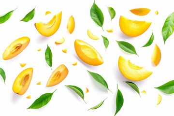 Fototapeta premium Mango slices falling or floating in the air with green leaves isolated on white background 